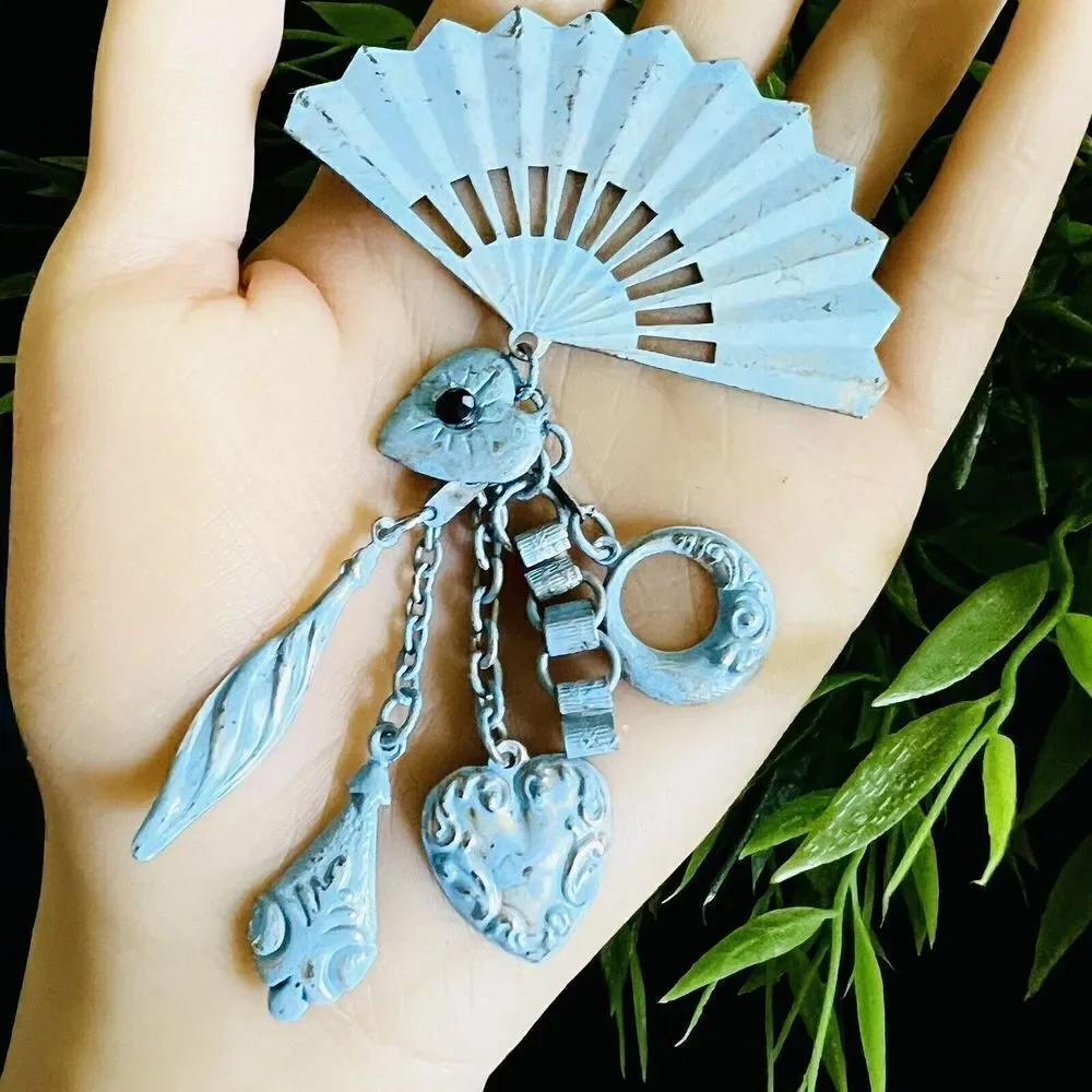 Vintage Enamel Steampunk Whimsical Fan Heart Dangle Chain Brooch Unique 4264